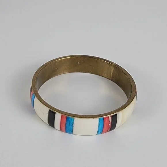 Vintage Natural Materials Overlay Brass Bangle Bracelet 8.25 In Multicolor - Picture 4 of 7